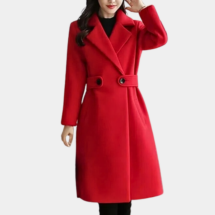 Women's elegant slim fit long coat with belted waist, a must-have tailored piece for fall & winter fashion.