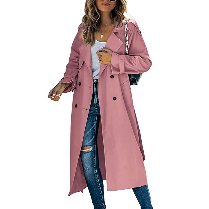 Chic women's belted long trench coat, slim fit design for versatile formal & casual spring/fall outerwear.