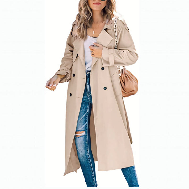 Sophisticated women's slim fit trench coat, a belted long jacket for elegant fall & spring outerwear.