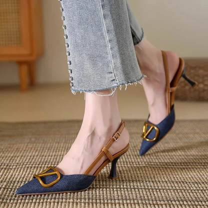 Stylish women's slingback stiletto heels with a sharp pointed toe, elegant buckle detail & sleek finish.
