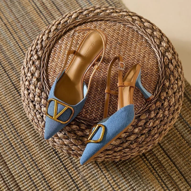 Glamorous women's party shoes: slingback stiletto heels with a sharp pointed toe, perfect for special occasions.