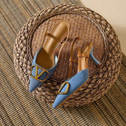 Glamorous women's party shoes: slingback stiletto heels with a sharp pointed toe, perfect for special occasions.