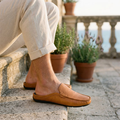 Chic women's slip-on mule loafers. Elegant flat comfort shoes, perfect for summer casual and dressy occasions.