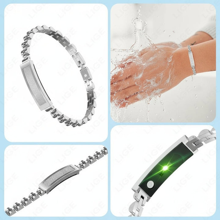 Close-up of a women's elegant smart bracelet, displaying multi-sport mode interface.