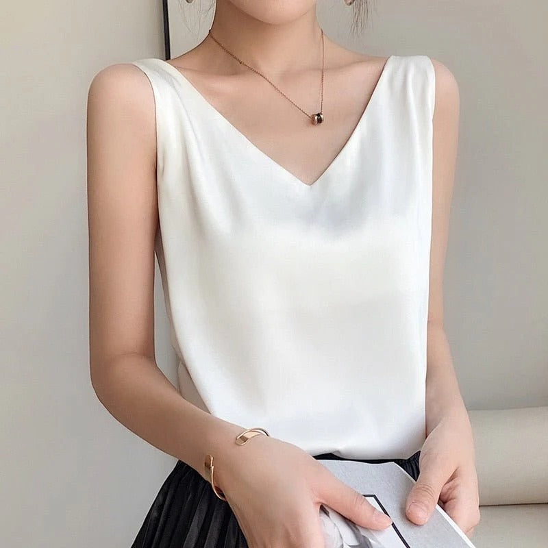 Smooth women's silk tank top, versatile and elegant, offering a comfortable feel for any outfit.