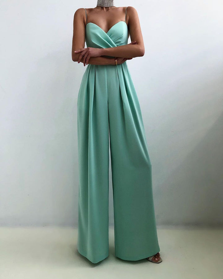 Chic wide-leg spaghetti strap jumpsuit for women. Ideal for parties, special occasions, and fashion.