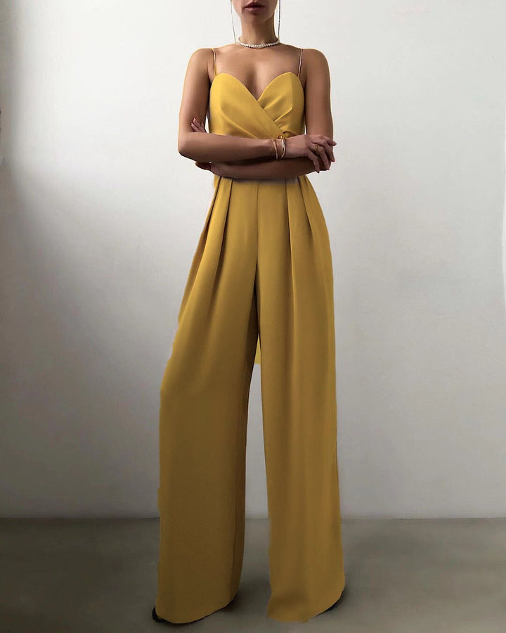 Fashionable women's spaghetti strap wide-leg jumpsuit. Versatile for formal events, parties, and chic evenings.