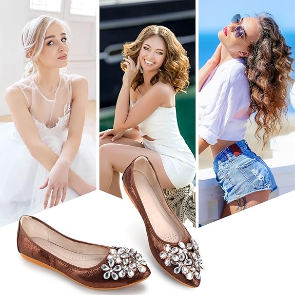 Close-up of shimmering rhinestones on elegant women's slip-on ballerina flats.