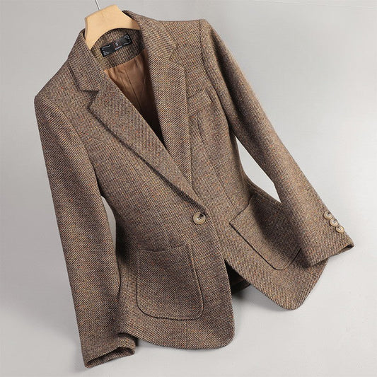 Elegant women's speckled tweed blazer jacket, perfect for professional office wear. Single button tailored design.