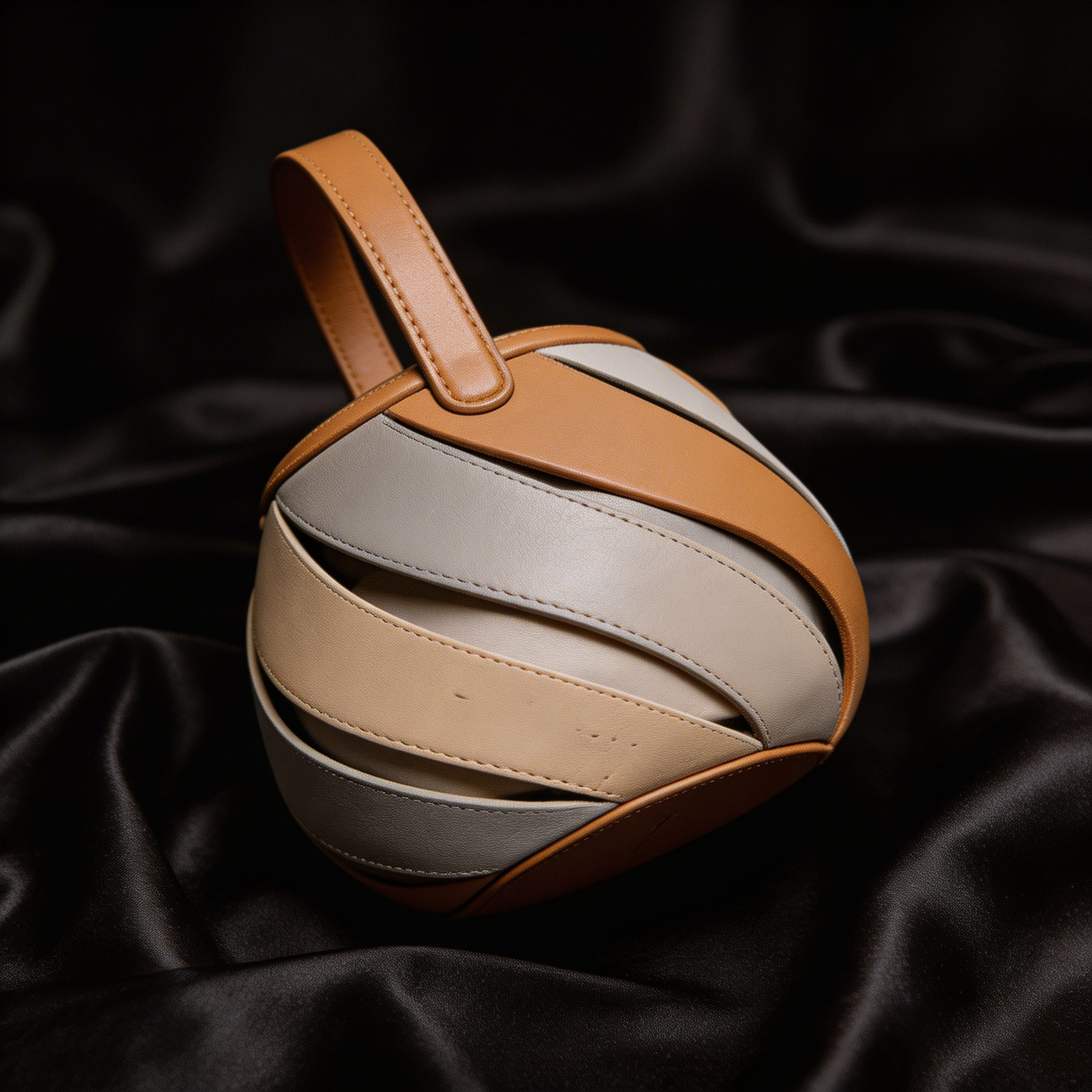 Structured women's spiral cage bucket bag with unique design, an elegant top-handle handbag.