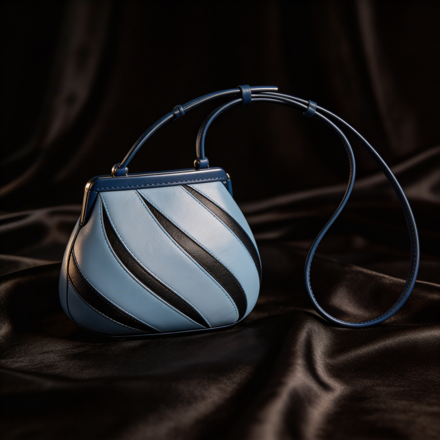 Fashionable women's spiral bucket bag, unique elegant accessory, stylish top-handle handbag.