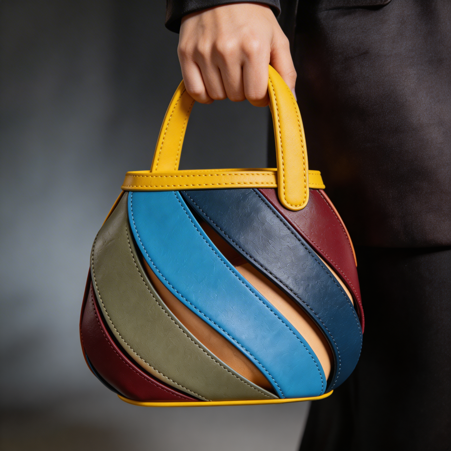 Sophisticated women's spiral cage bucket bag, unique design, elegant top-handle handbag.