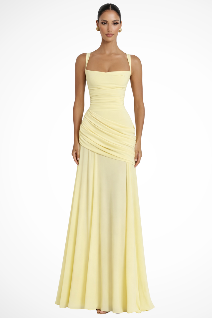 Elegant women's square neck ruched A-line maxi dress for formal events & parties.