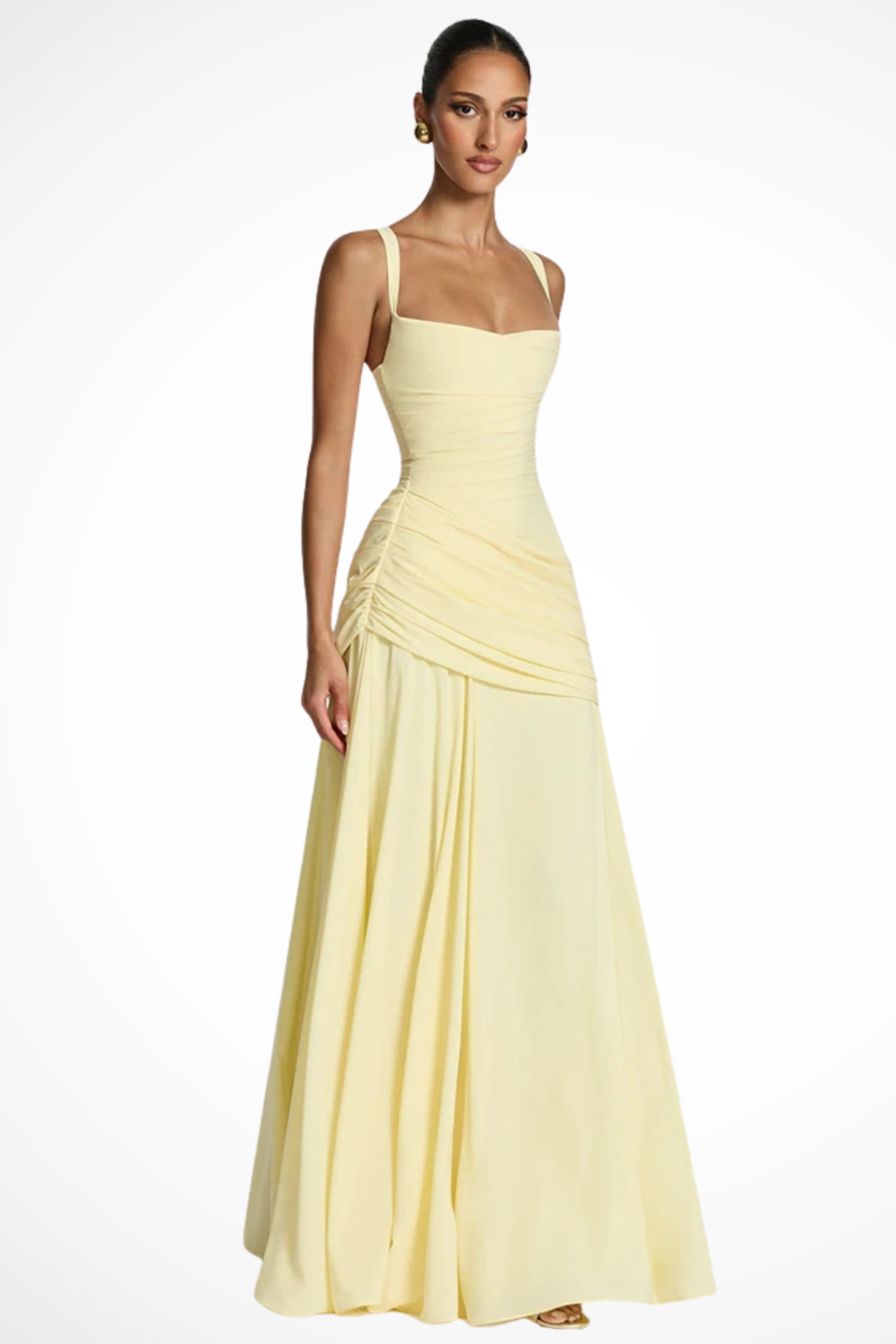 Women's elegant square neck A-line maxi dress with flattering ruched details, a chic party dress.