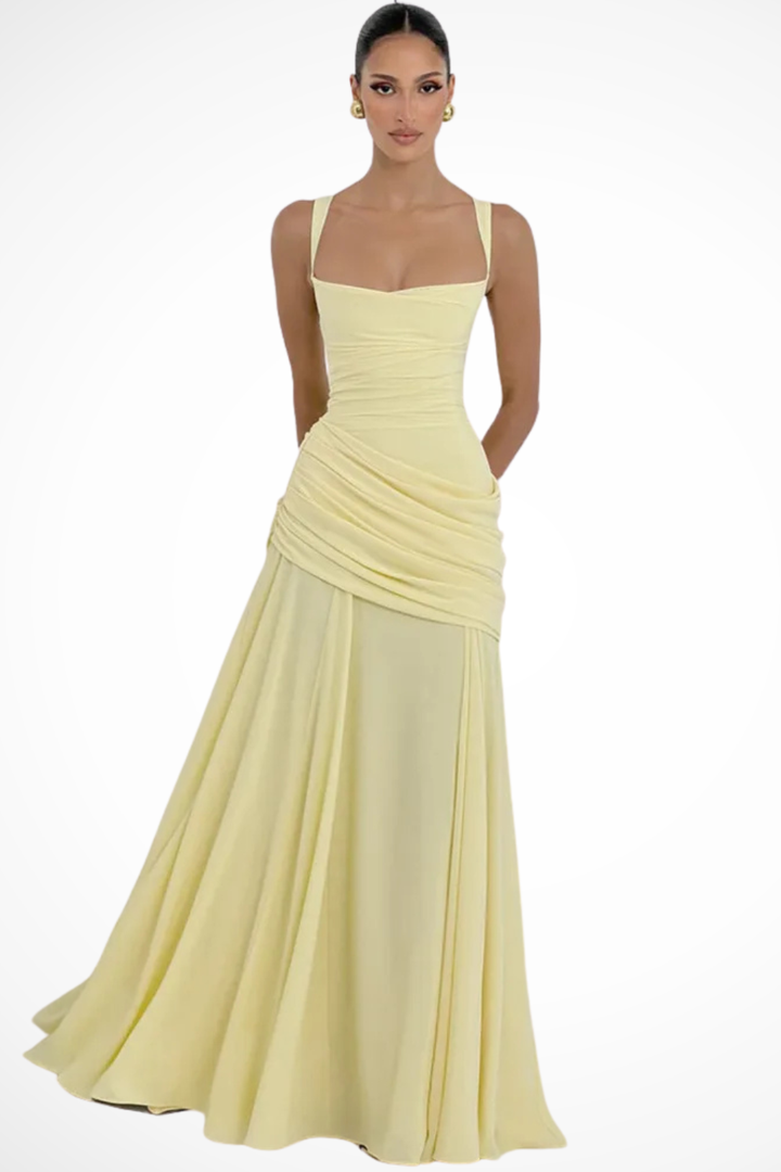 Formal women's A-line maxi dress, featuring an elegant square neck & sophisticated ruched design.
