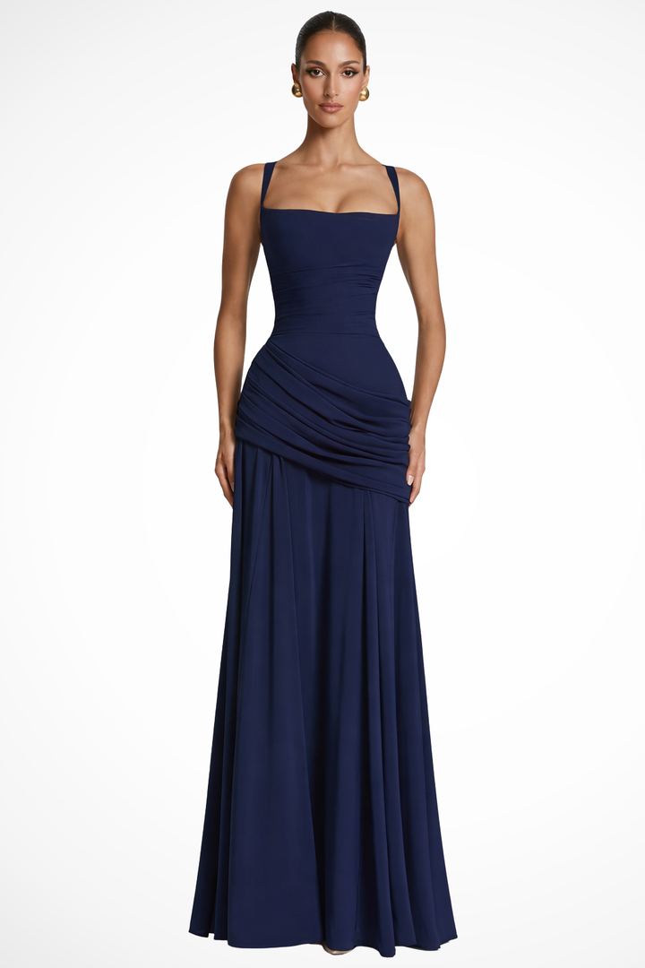 Chic women's maxi dress, a stylish square neck ruched A-line perfect for special occasion evening wear.