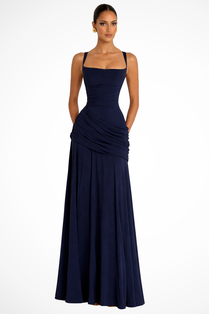 Beautiful women's square neck ruched A-line maxi dress, ideal for wedding guest attire & formal events.