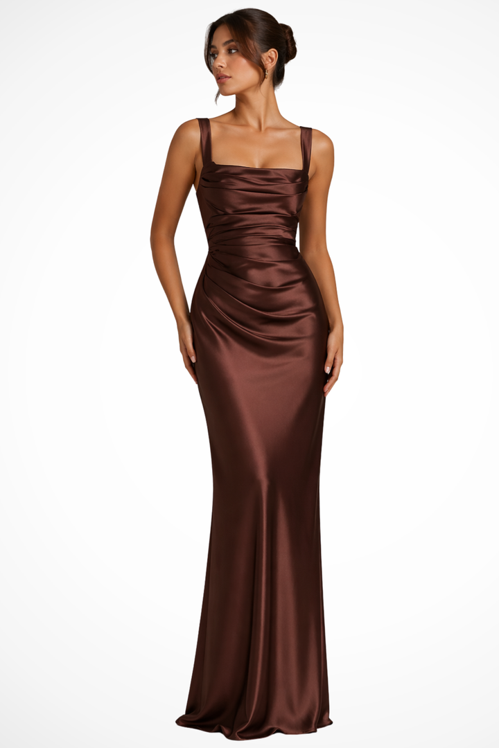 Stylish women's square neck ruched maxi dress. Long, elegant design ideal for party, formal, or black tie events.