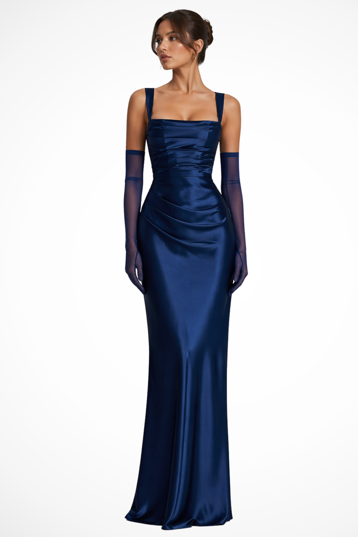 Fashionable women's square neck ruched maxi dress. Elegant long gown suitable for evening, formal or special occasions.