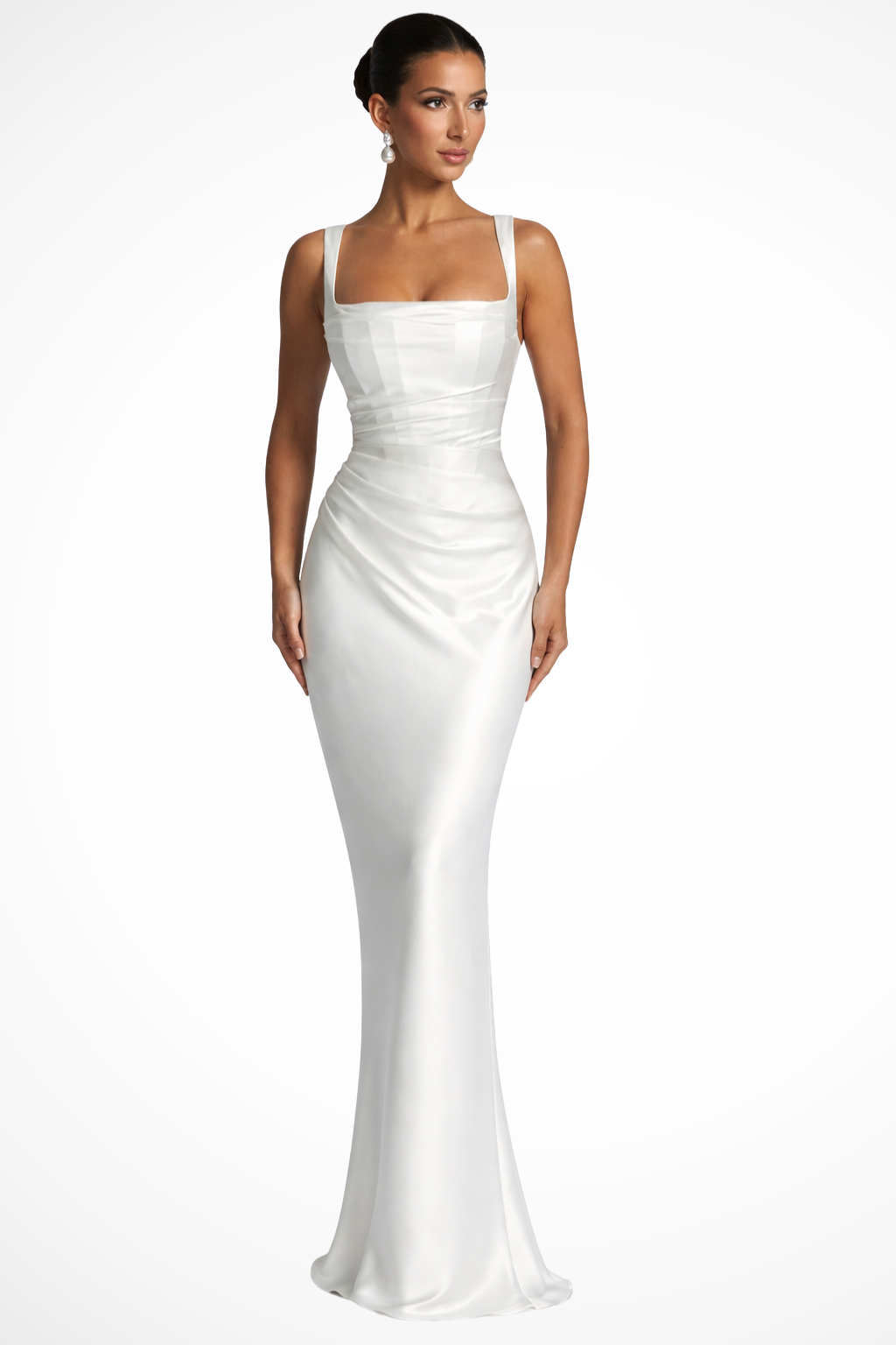 Women's square neck ruched maxi dress. Formal evening gown, perfect for wedding guests, parties, and special events.