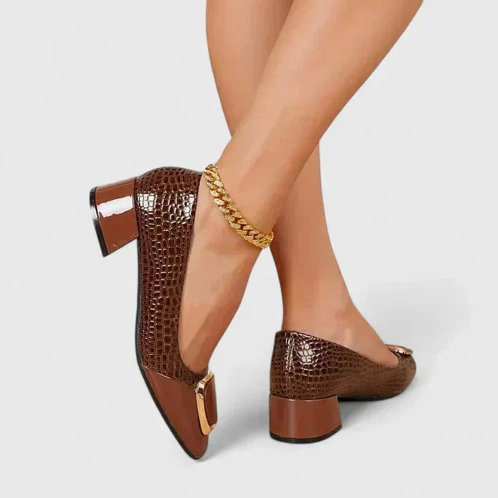 Elegant women's square toe block heel loafers, professional slip-on dress shoes for office or modern daily wear.