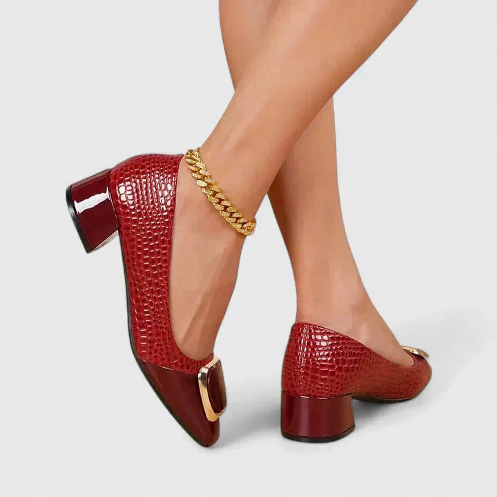 Modern women's square toe loafers with a comfortable block heel and stylish gold buckle, versatile professional footwear.