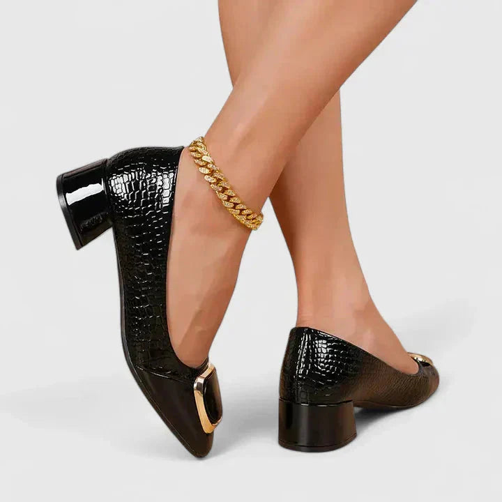 Professional women's square toe block heel loafers, offering elegant and comfortable footwear for office and dress wear.