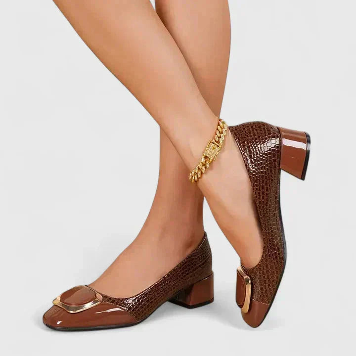 Versatile two-tone women's square toe block heel loafers, an elegant slip-on design perfect for modern professional style.