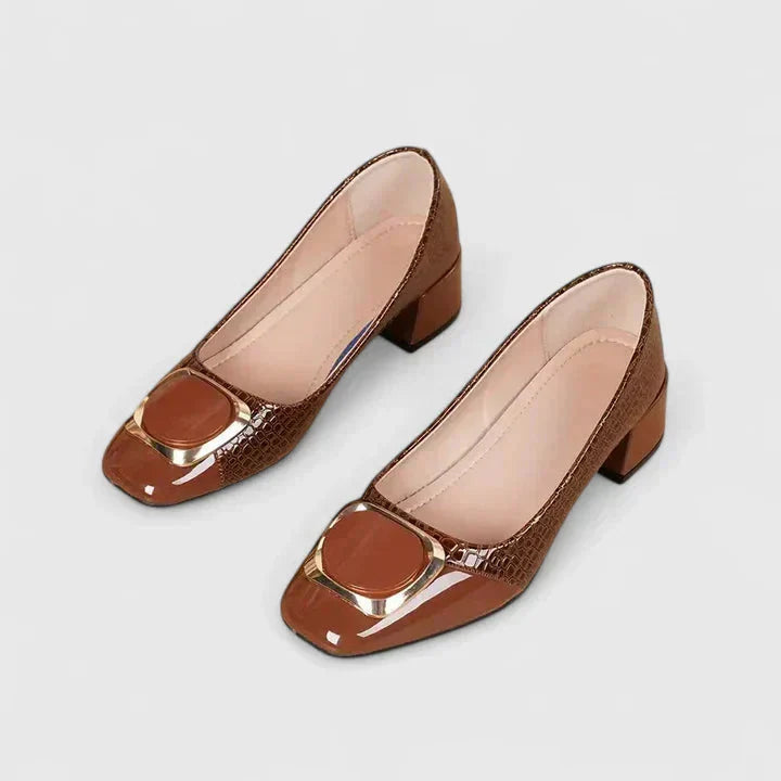 Stylish women's square toe block heel loafers, a modern and comfortable slip-on design for professional and casual use.