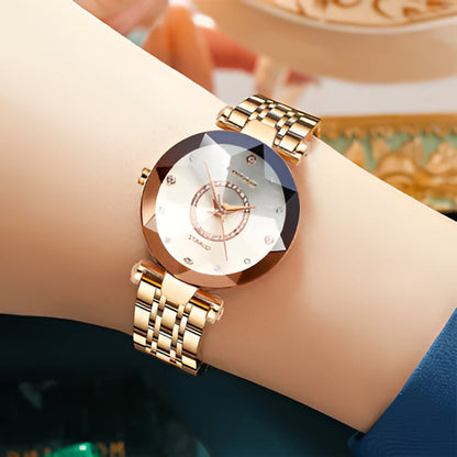 Rose gold women's starry stainless steel watch. Features an elegant design & unique gradient dial, a stylish timepiece.