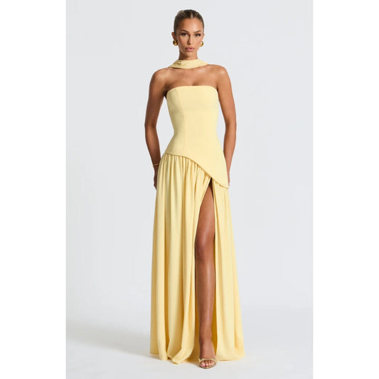 Elegant women's strapless asymmetric maxi dress, perfect for evening or party wear.