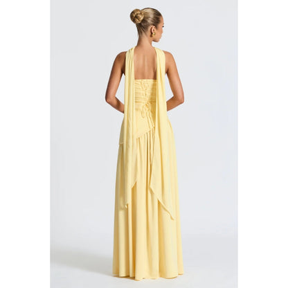 Chic flowing strapless maxi dress for women, featuring a stylish asymmetric hem.