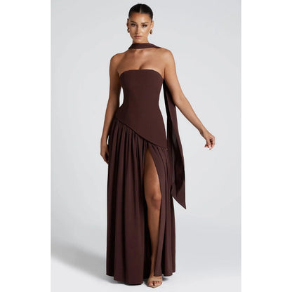 Women's party dress: sleek strapless maxi with a dramatic asymmetric hemline.