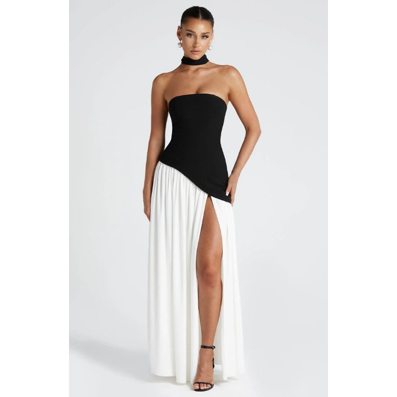Sophisticated women's elegant strapless asymmetric maxi dress, ideal for special occasions.