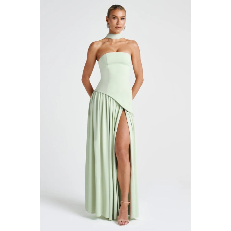 Unique asymmetric hem on an elegant strapless maxi dress for women's formal fashion.