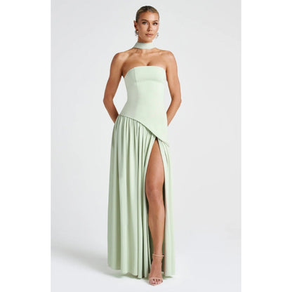 Unique asymmetric hem on an elegant strapless maxi dress for women's formal fashion.