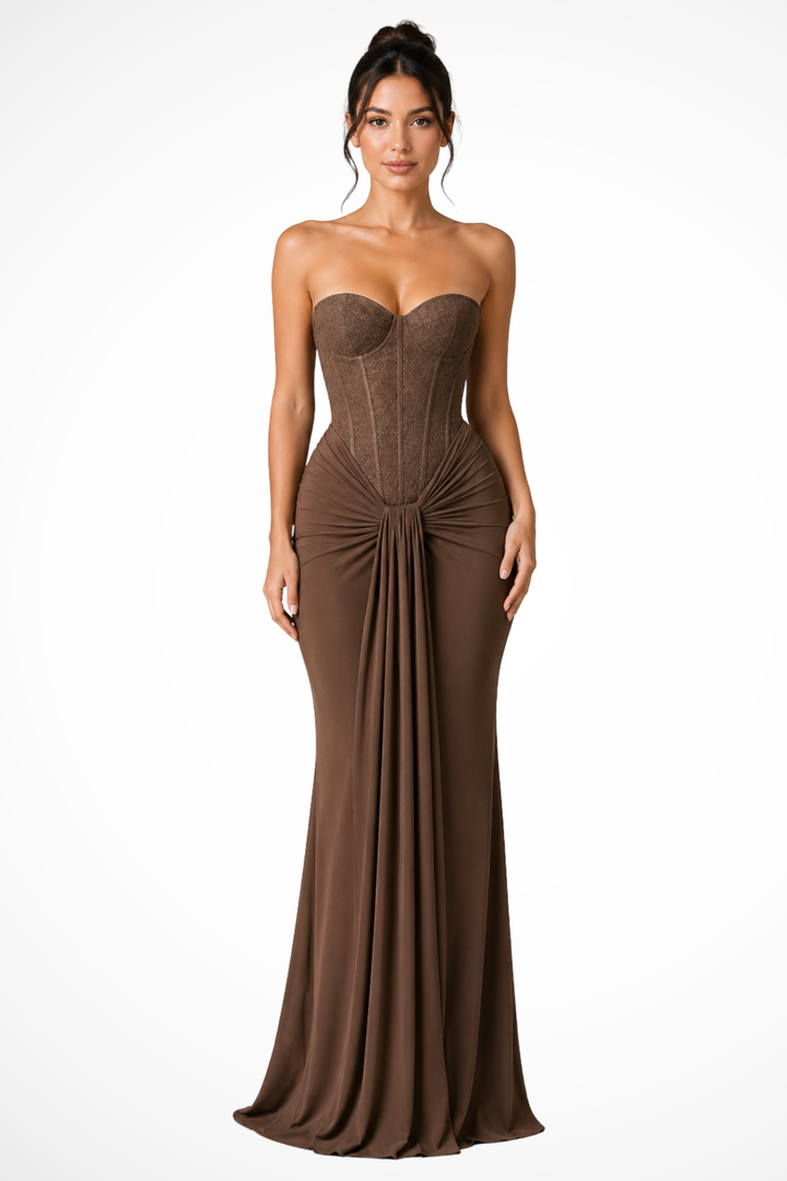 Chic women's strapless corset mermaid maxi dress, an elegant evening & special occasion gown.