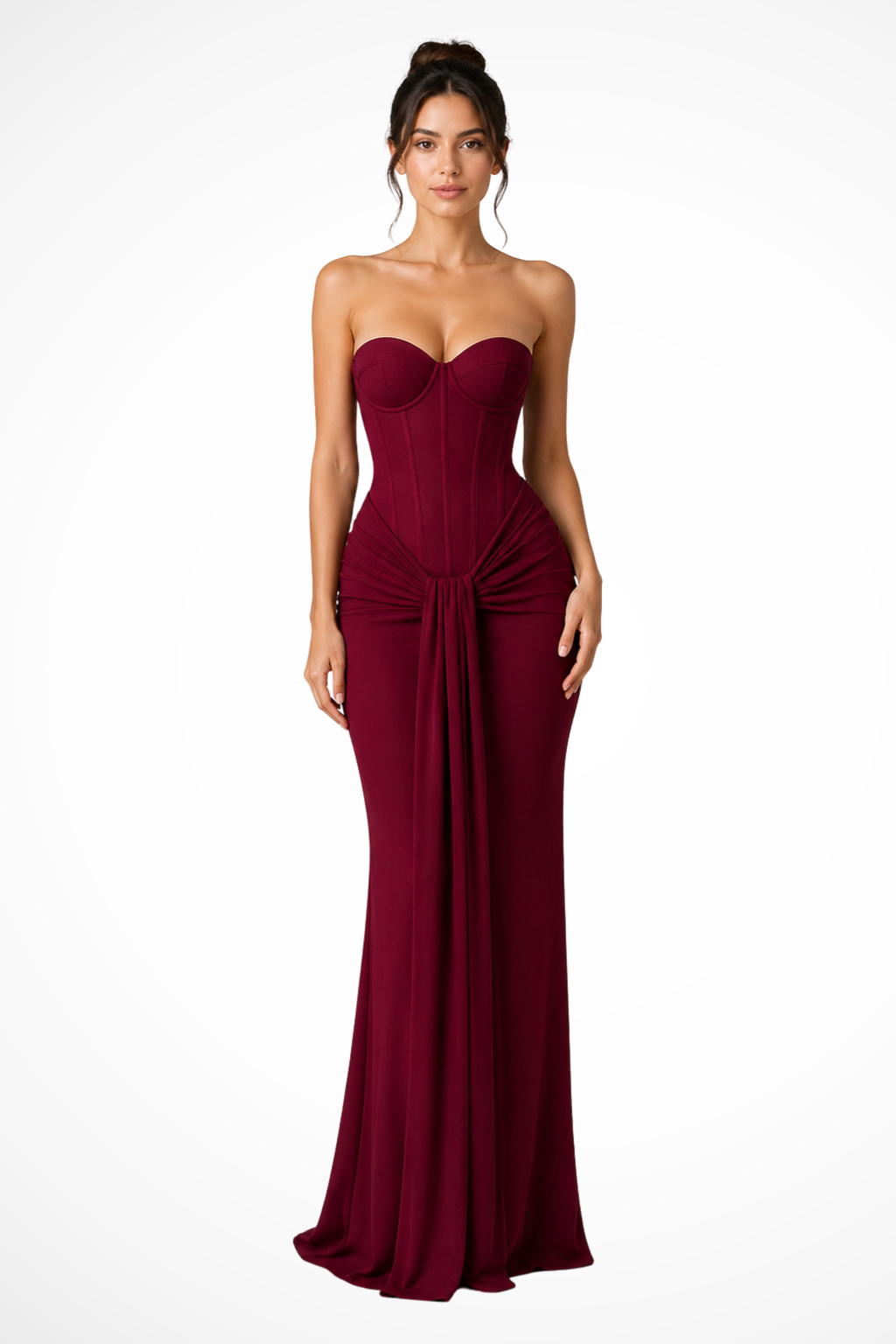 Sophisticated women's strapless corset mermaid maxi dress, a flattering formal evening gown.