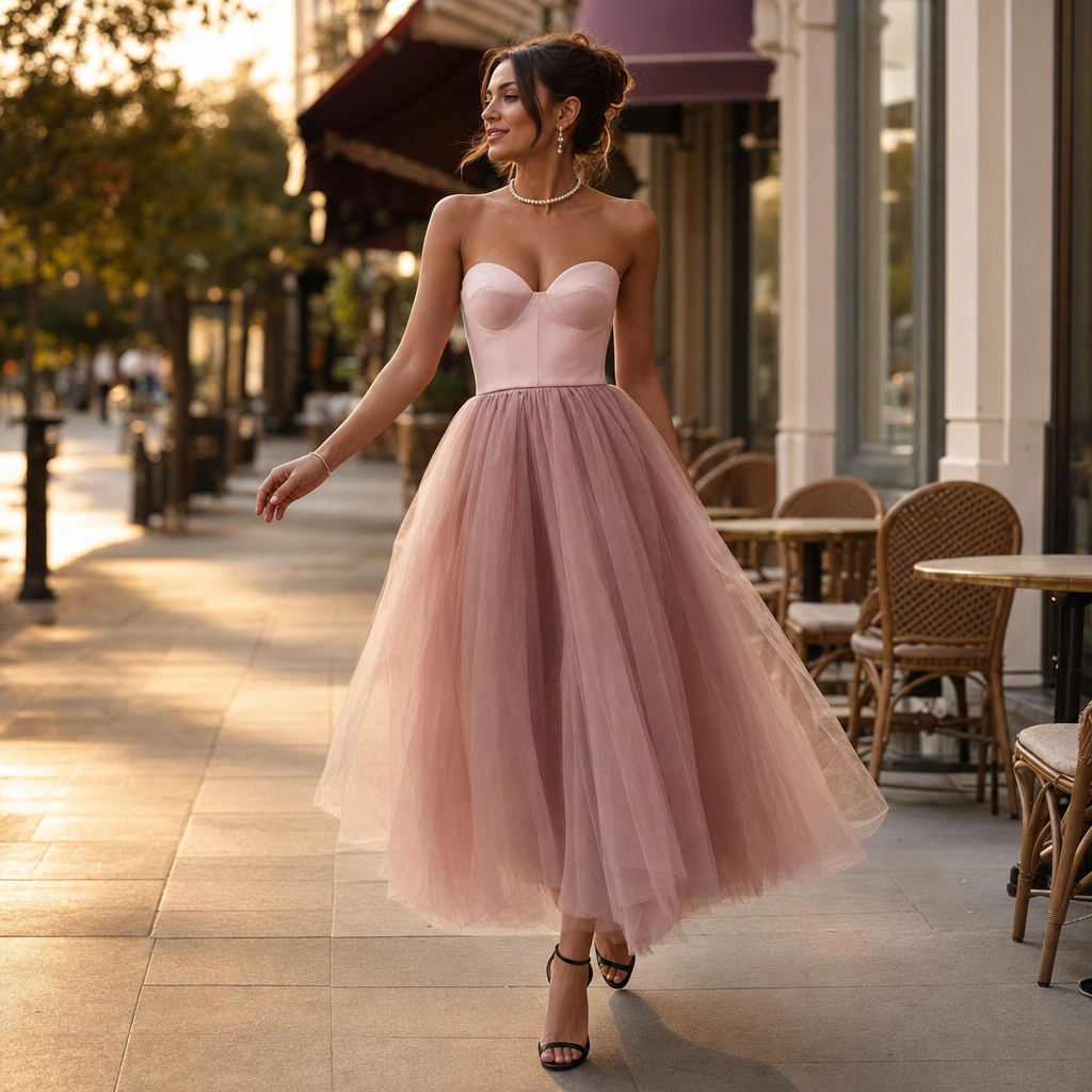 Formal strapless maxi dress for women, ideal for a wedding guest or prom. Features elegant pleats and classic cut.