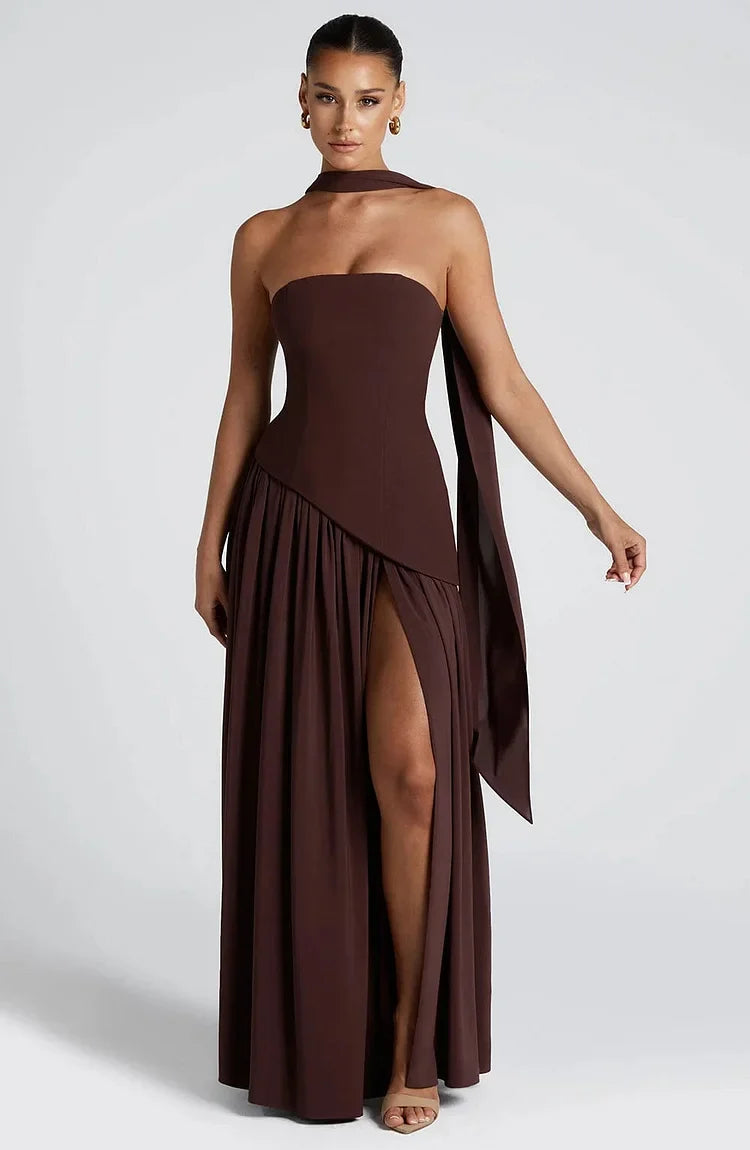 Beautiful Flowing Maxi Dress: Women's Strapless with Asymmetric Hem for special events.