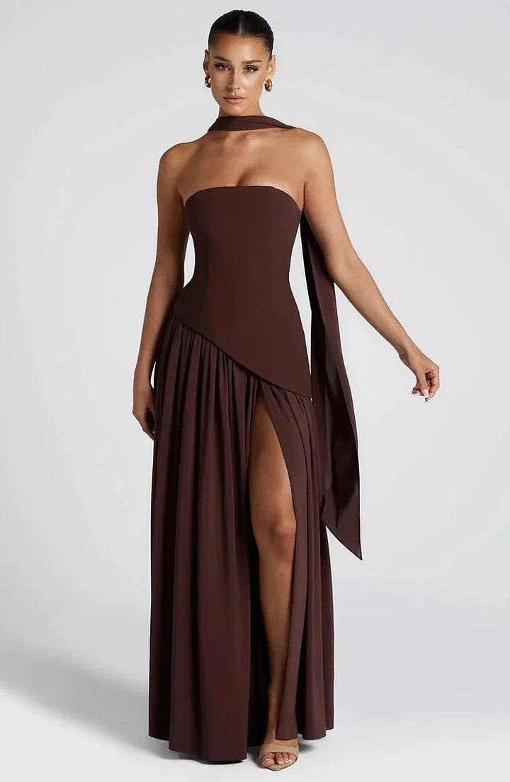 Beautiful Flowing Maxi Dress: Women's Strapless with Asymmetric Hem for special events.