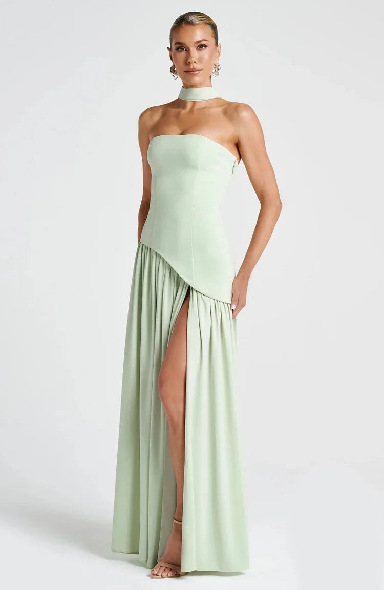 Formal Women's Dress: Strapless, Asymmetric Hem Maxi Gown for sophisticated events.