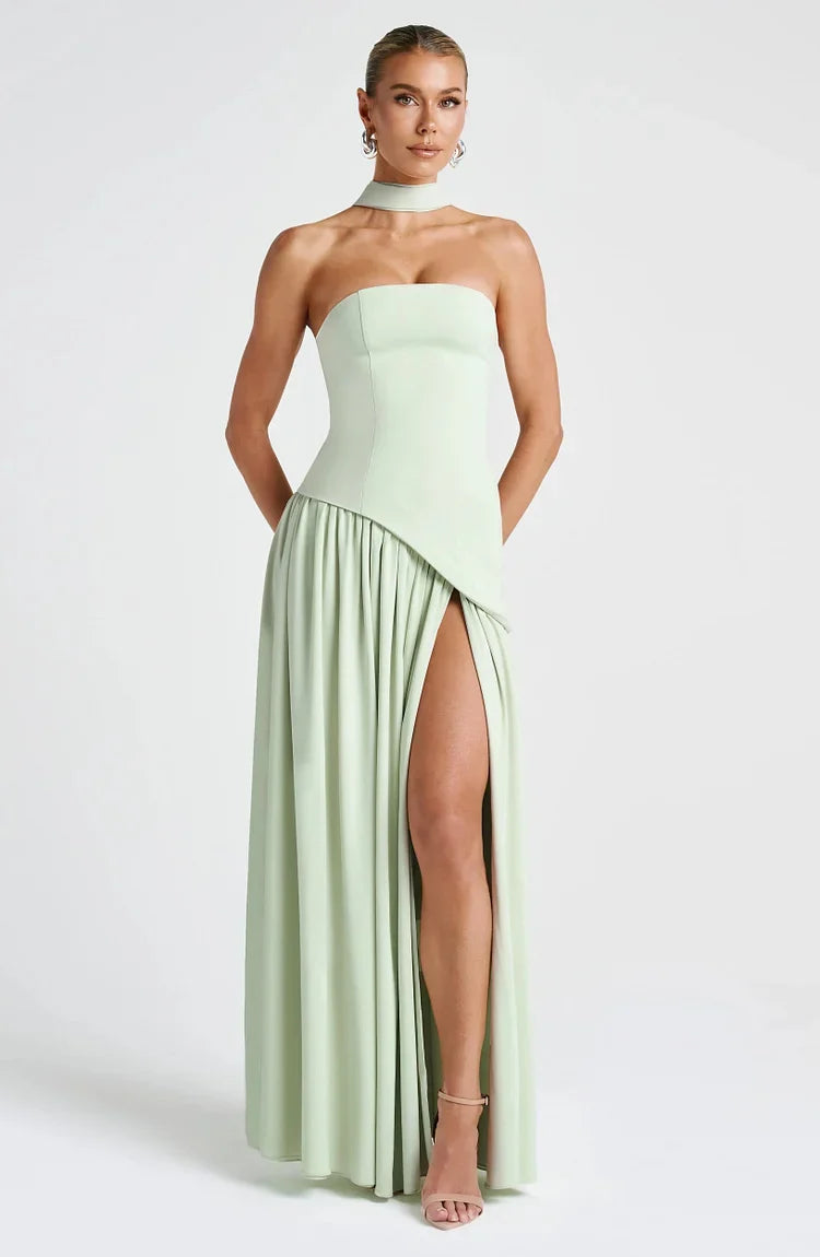 Special Occasion Strapless Maxi Dress for women with a graceful asymmetric hemline.