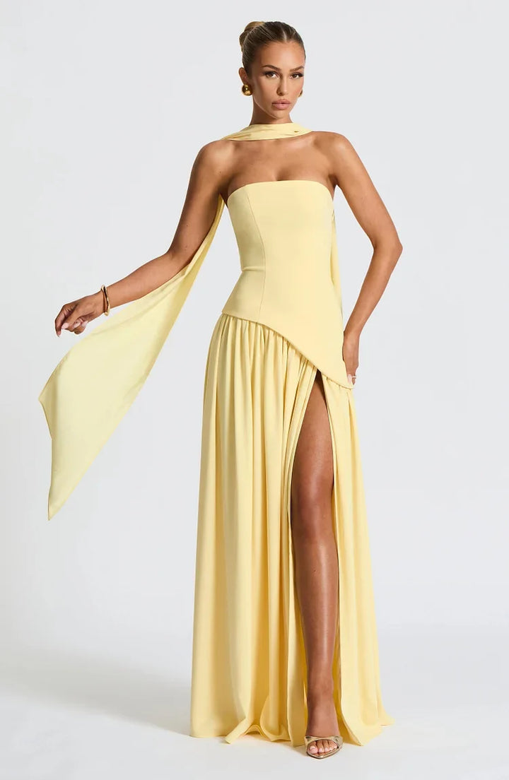 Women's Elegant Strapless Maxi Dress, styled with a modern asymmetric hem.