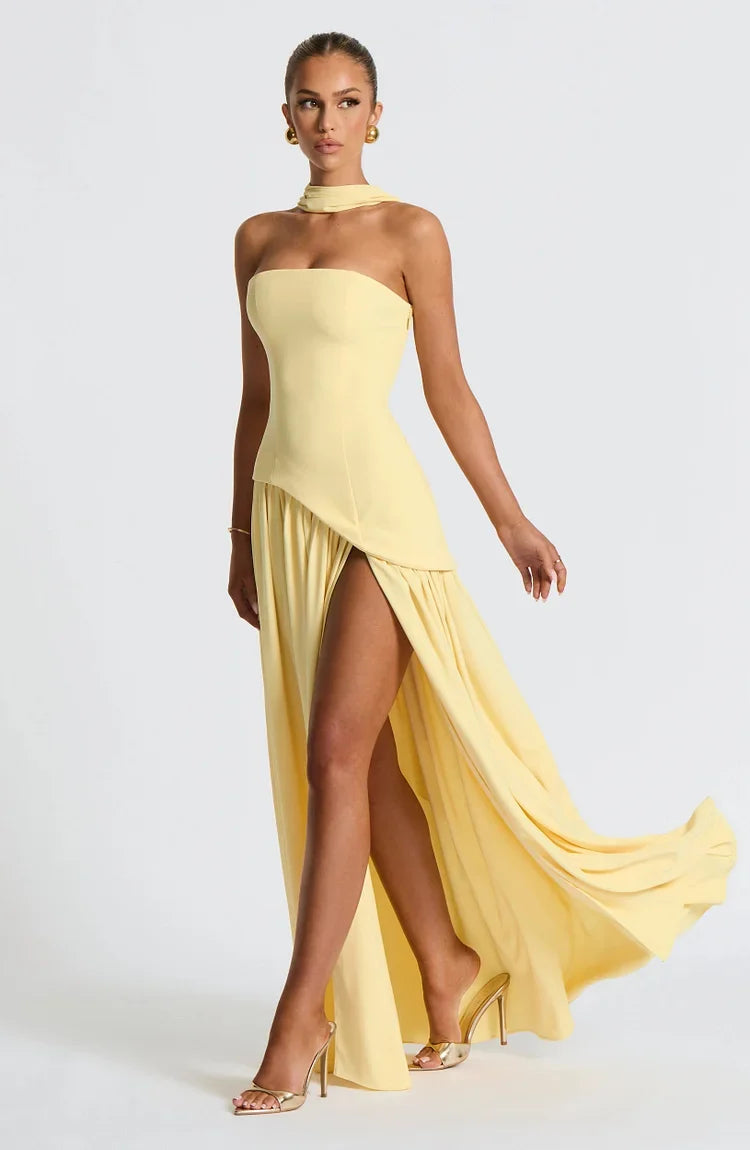 Long Strapless Evening Dress for women, featuring an unique asymmetric maxi hem design.