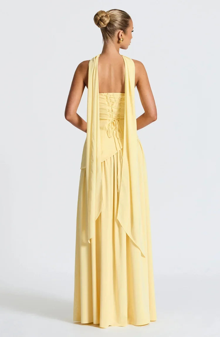 Flowing Women's Strapless Maxi Dress with Asymmetric Hem, ideal for formal parties.