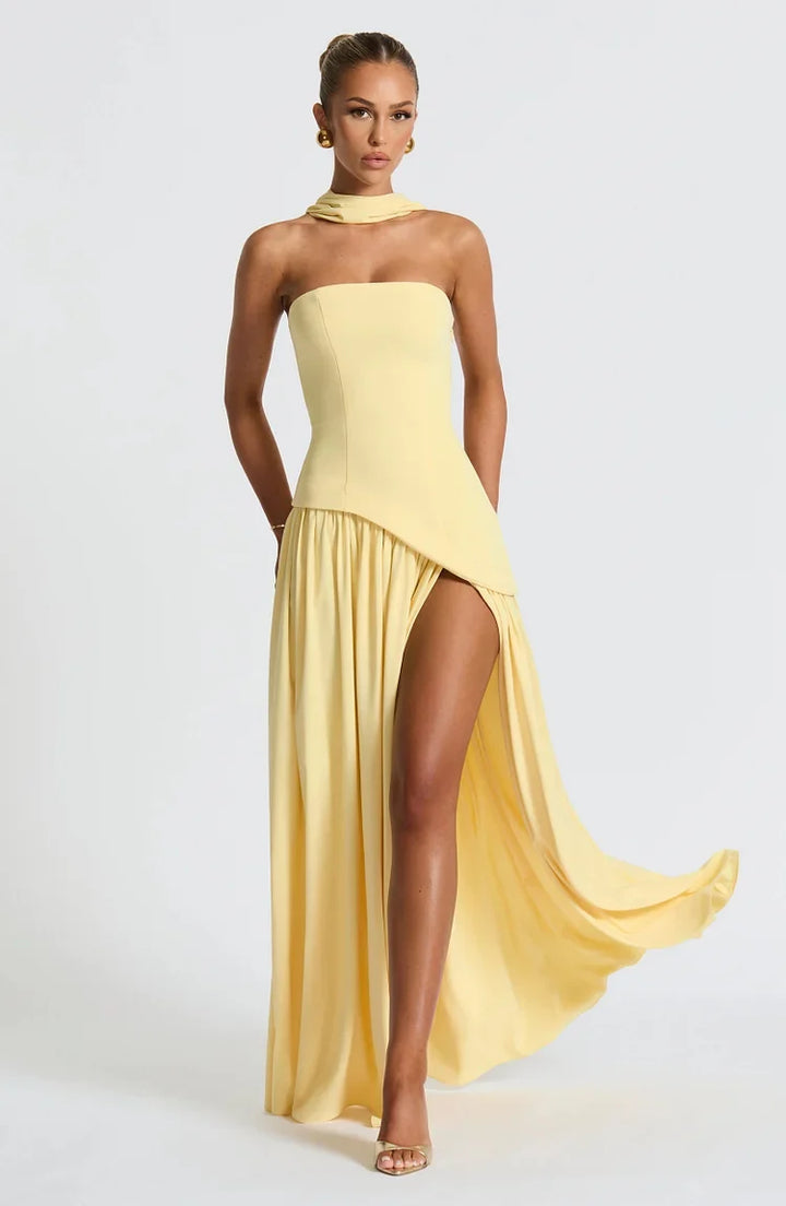 Chic Asymmetric Hem Strapless Maxi Dress, a versatile women's formal or cocktail gown.