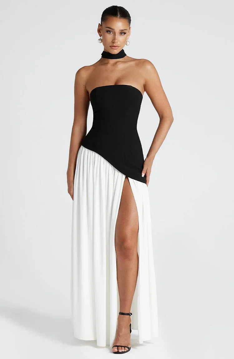 Flowing Asymmetric Hem Strapless Maxi Dress for women, ideal as a party or cocktail dress.