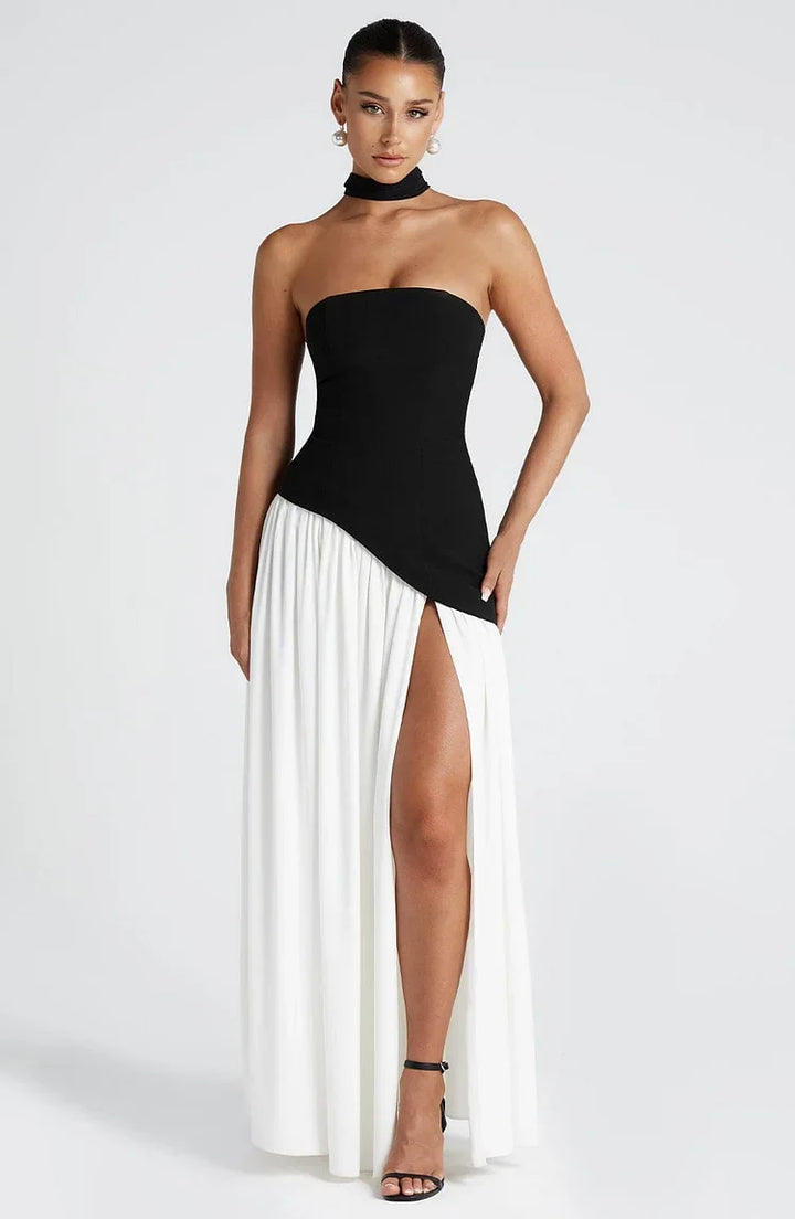 Flowing Asymmetric Hem Strapless Maxi Dress for women, ideal as a party or cocktail dress.