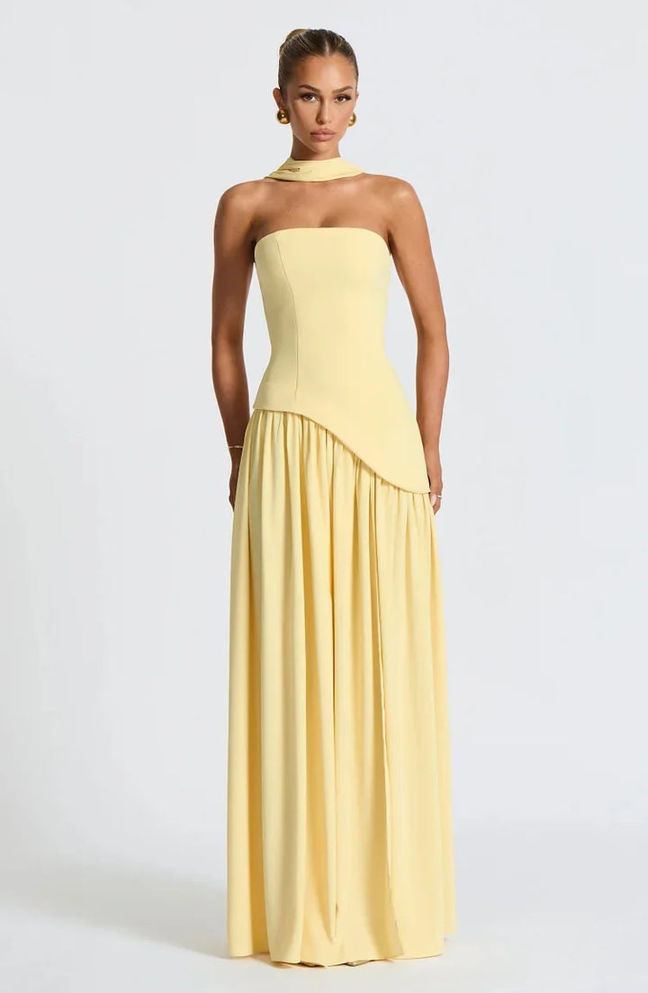 Women's Strapless Long Dress with an elegant asymmetric maxi hem, perfect for any gala.
